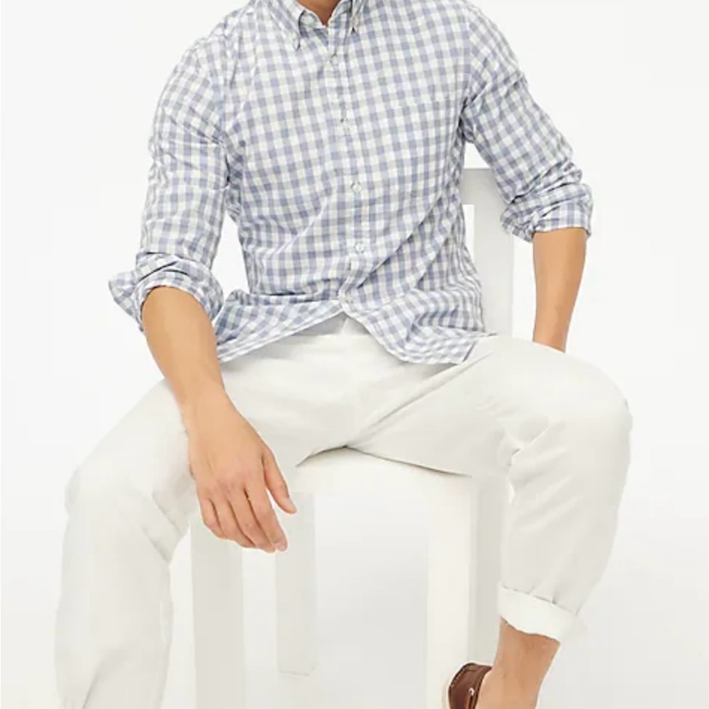 JCrew Mens long sleeve Slim Fit Casual Collar Shirt XL Stone Blue White Gingham
